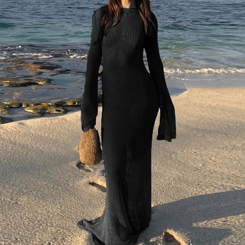 See-through knitted long-sleeve beach cover-ups for women