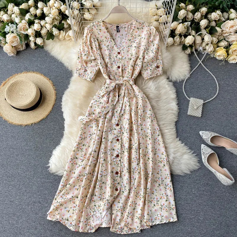 Midi floral dress with V-neck, puff sleeves and belt for women