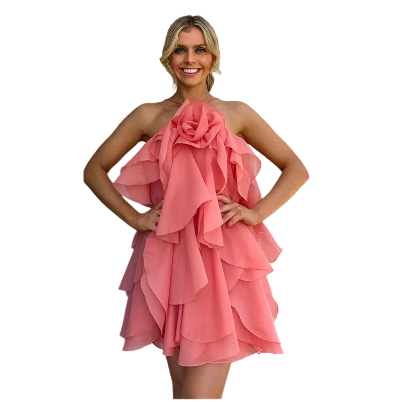 3D flower flounced hem halter & tied straps mini dress for women