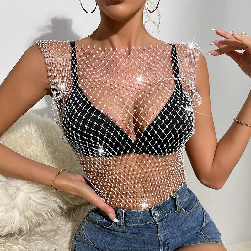 Sleeveless transparent mesh top decorated with rhinestones for women