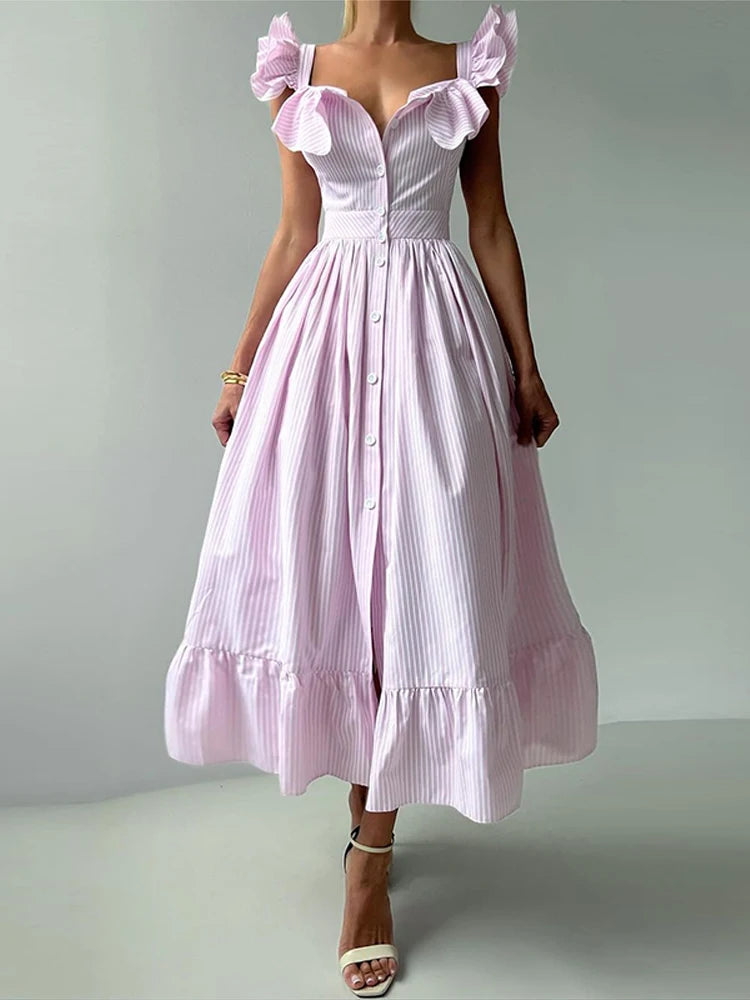 Elegant dress with flounced hem, square neckline, and flounced sleeves for women