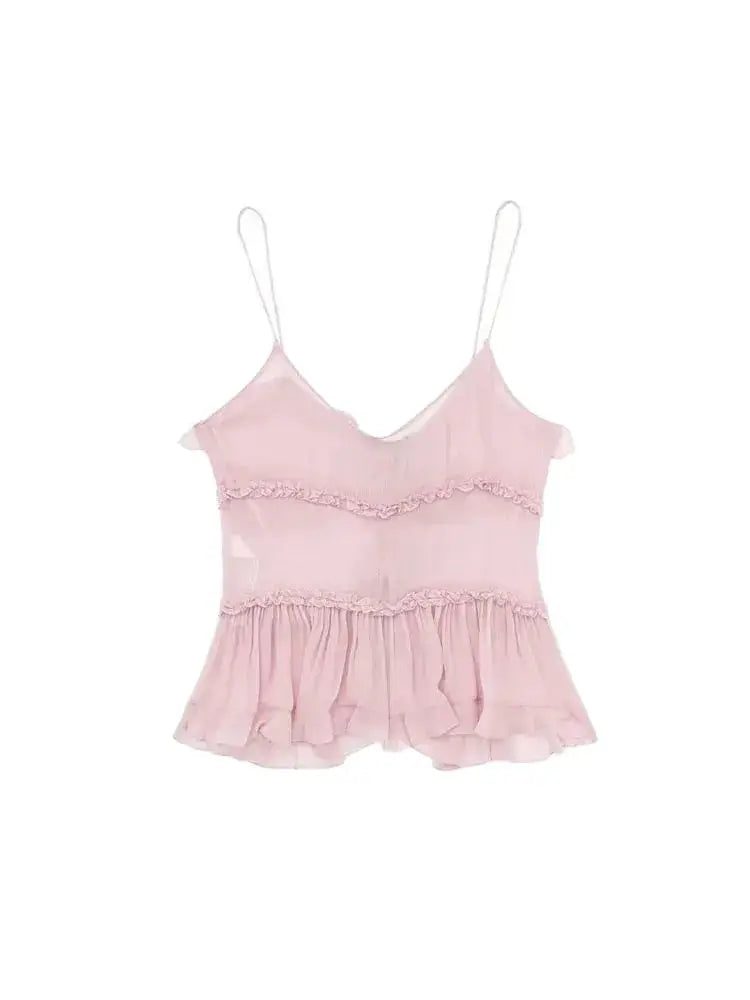 Flirty tops with ruffles on the front, semi-transparent, for women
