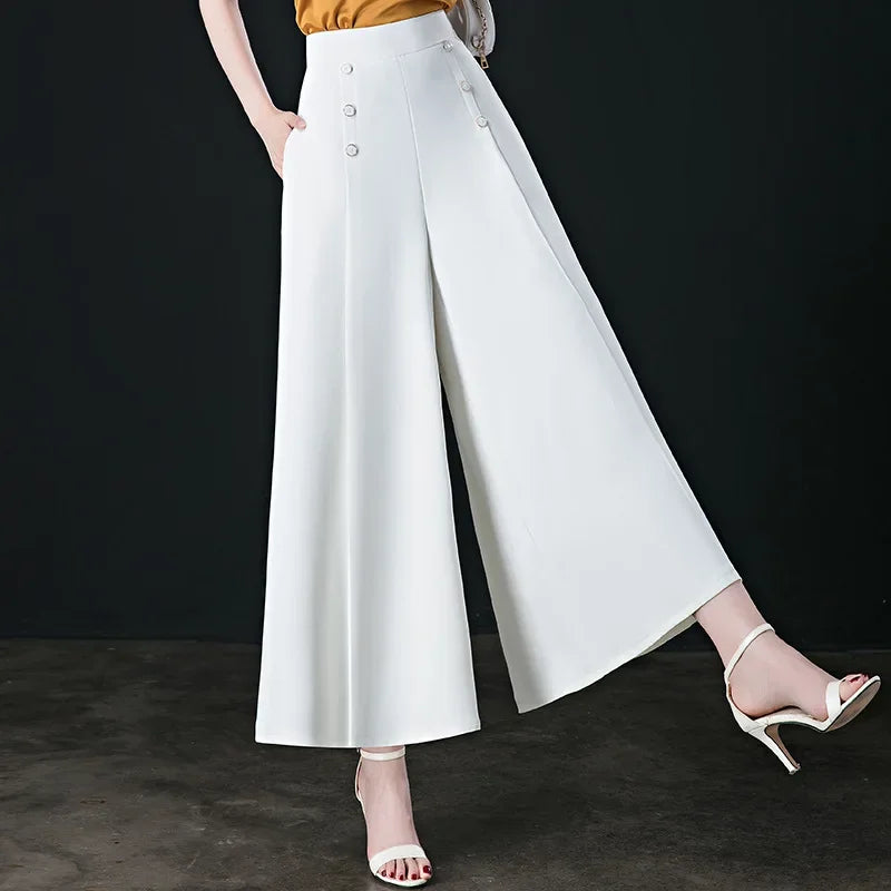 Pantalon culotte taille haute à boutons décoratifs – Respirant pour l'été