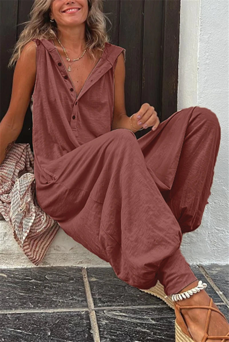 Combinaison en lin ample streetwear vintage avec capuche et poches