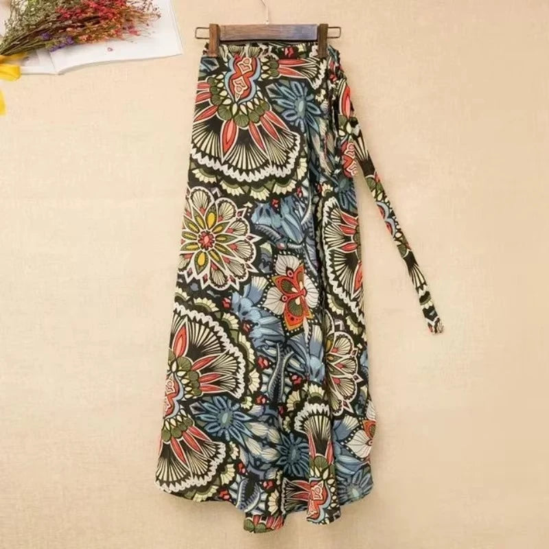 High-waisted long wrap skirt with floral details and slit for women