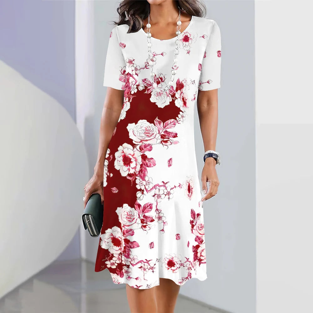 Floral midi dress for women – elegant with short sleeves and flowing