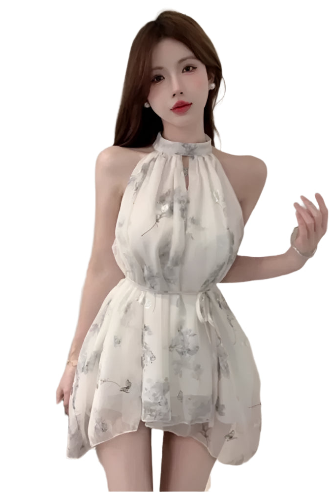 Mini backless ruffled dress for women, summer floral pattern - elegant summer style