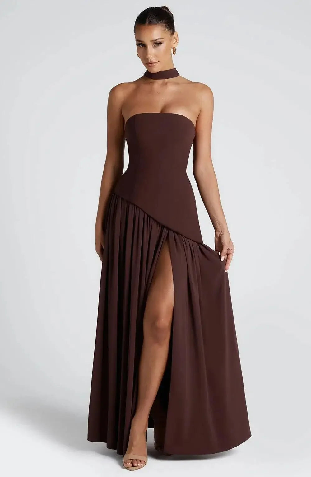 Robe plissée bustier – Robe de soirée dos nu à fente haute pour femme