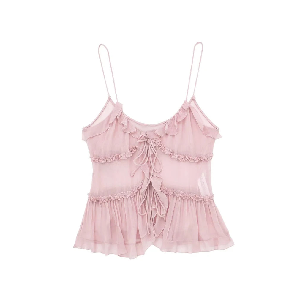 Flirty tops with ruffles on the front, semi-transparent, for women