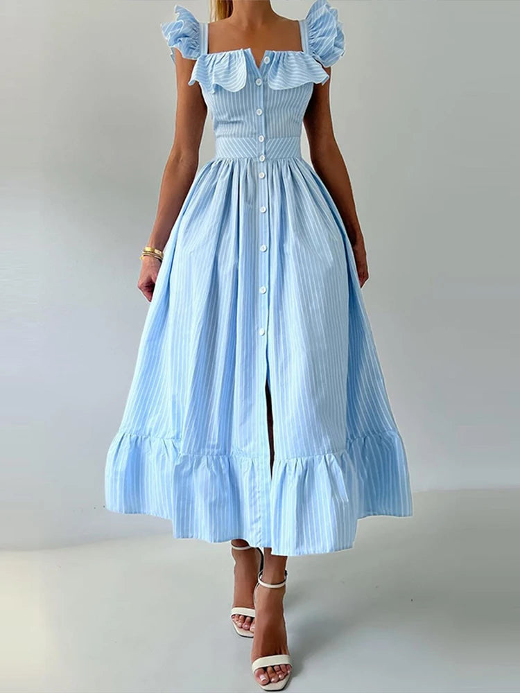 Elegant dress with flounced hem, square neckline, and flounced sleeves for women