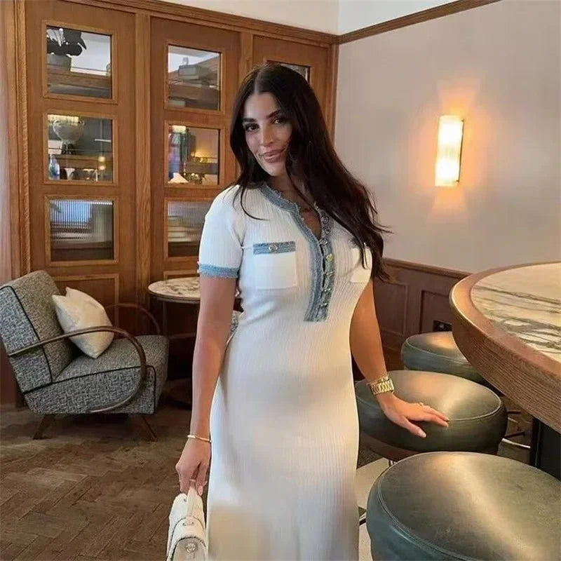 Robe longue en jean avec boutons sur le devant et manches courtes pour femme