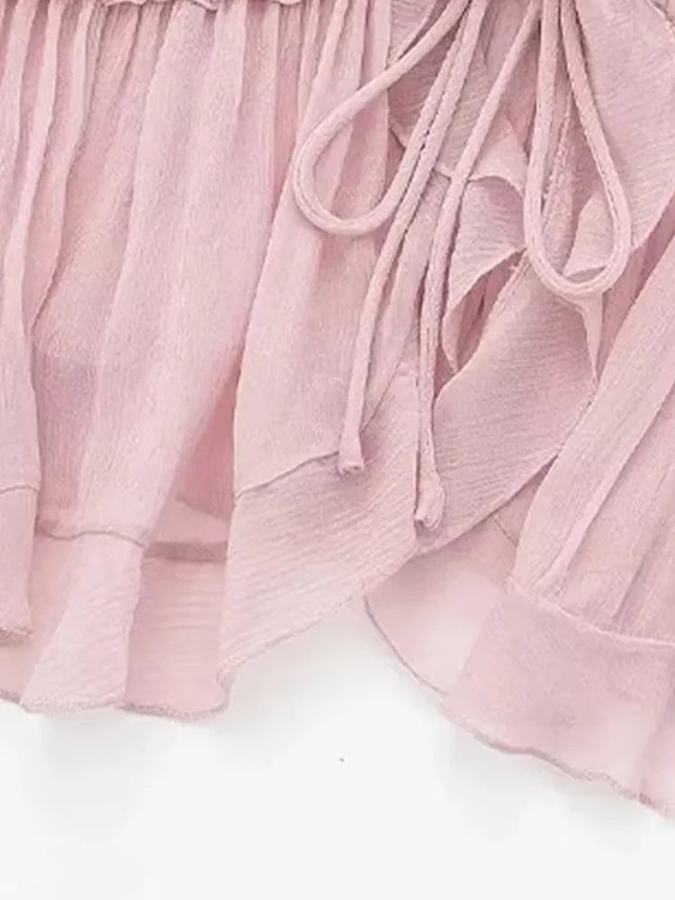 Flirty tops with ruffles on the front, semi-transparent, for women