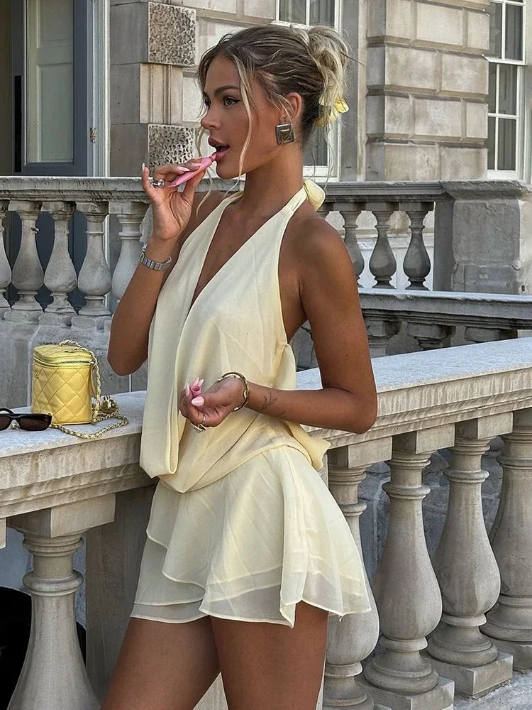 Mini summer dress backless draped deep V-neck beach style