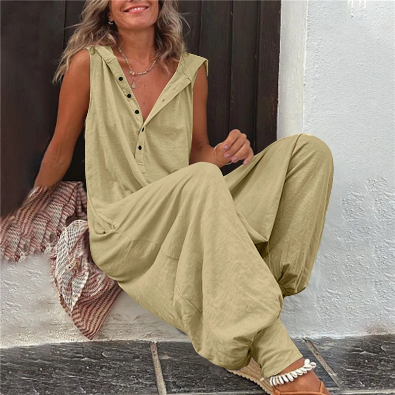 Combinaison en lin ample streetwear vintage avec capuche et poches