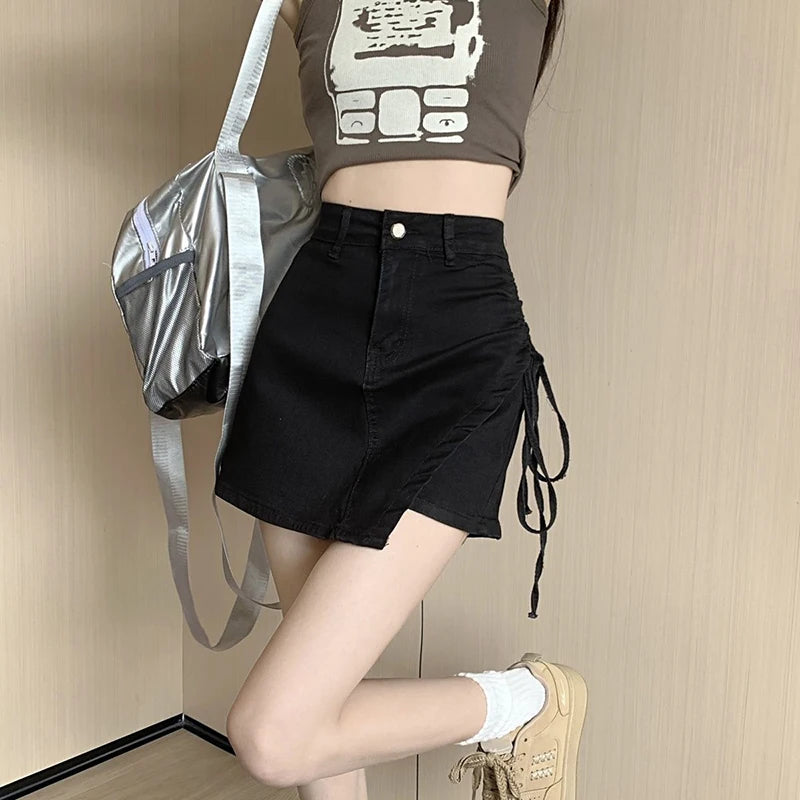 Asymmetric high-waisted denim wrap skirt with drawstring for women