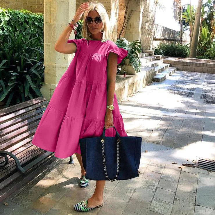 Oversized bohemian chic fluid flounced hem dress for women