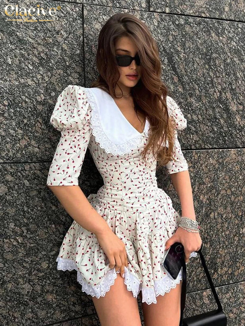 Printed mini bustier dress with flounced hem & tied straps