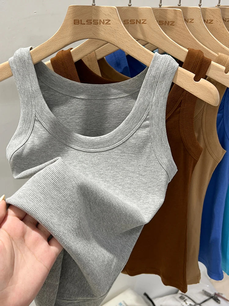 Elastic ribbed knit sleeveless round neck tank tops for women