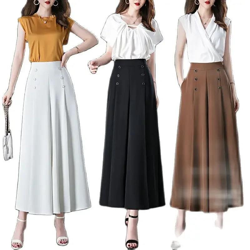 Pantalon culotte taille haute à boutons décoratifs – Respirant pour l'été