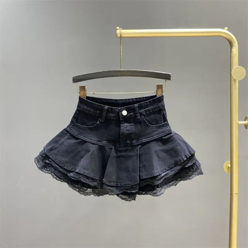 Mini-plisseret retro jeansnederdel til kvinder - Puffet nederdel med blonder