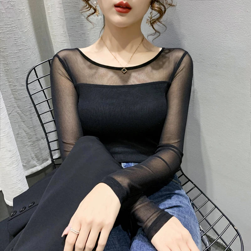Slim round neck top in transparent mesh for women – chic long sleeves