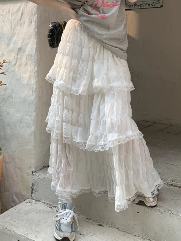 Long gothic skirt with layered lace ruffles - high waist and gathered
