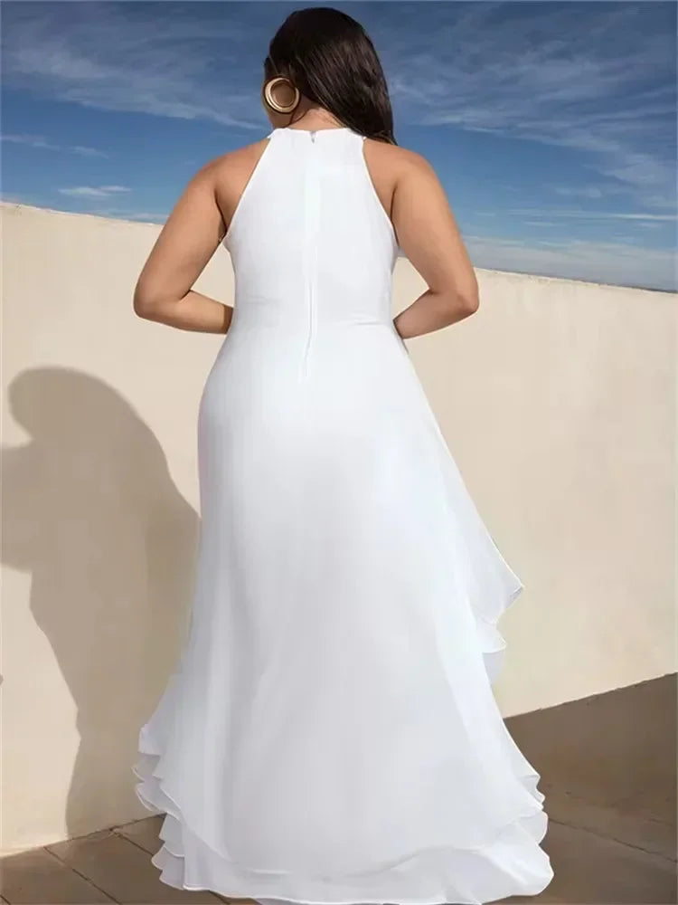 Fluid flounced hem halter shoulder dress with long slit for women