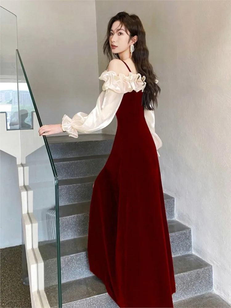 Elegant flounced hem dress with off-shoulder neckline & slit for women