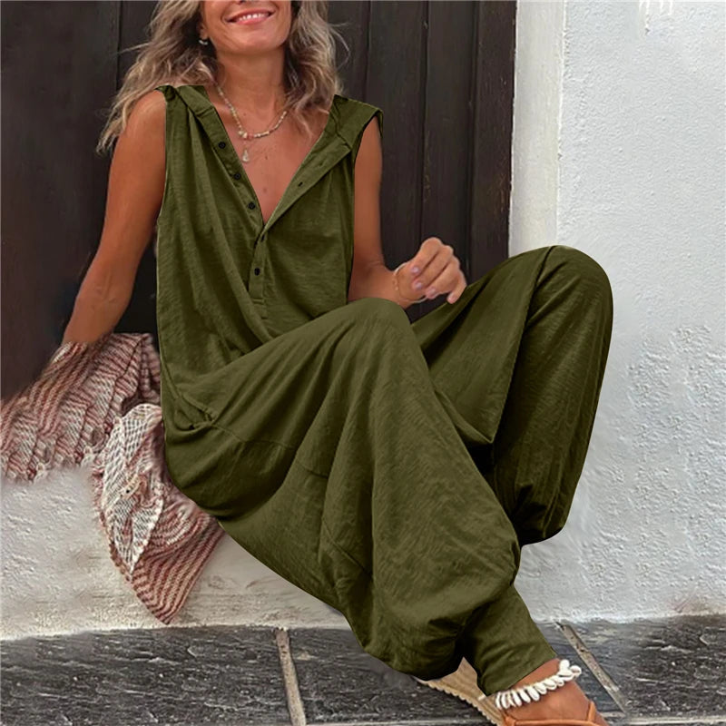 Combinaison en lin ample streetwear vintage avec capuche et poches