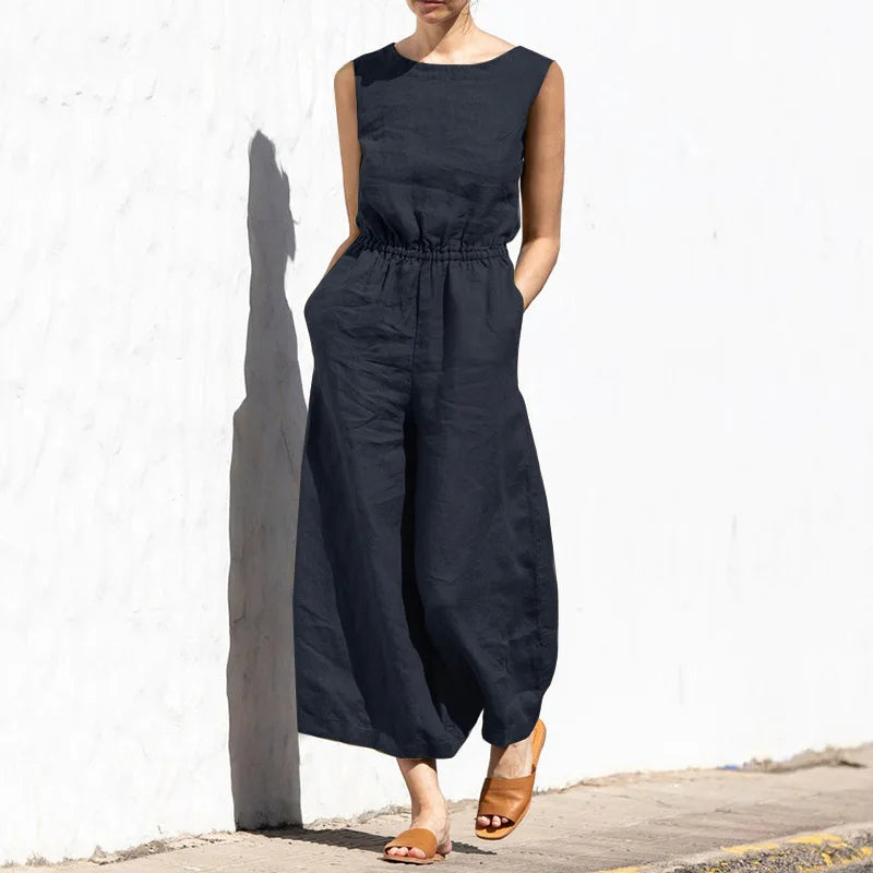 Combinaison en lin ample sans manches poches taille haute fluide