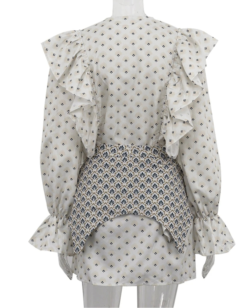 Printed flounced hem dress with elegant style belt for women