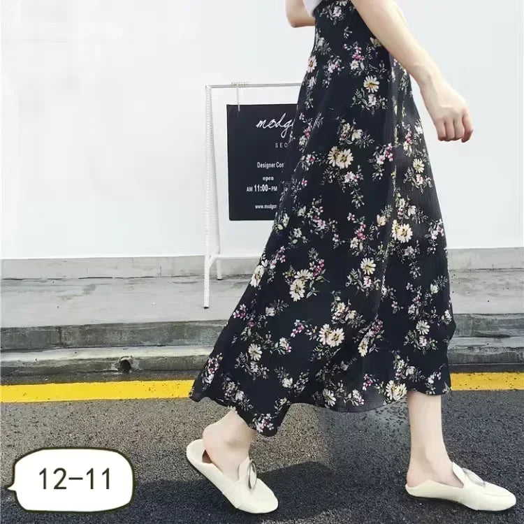 High-waisted long wrap skirt with floral details and slit for women