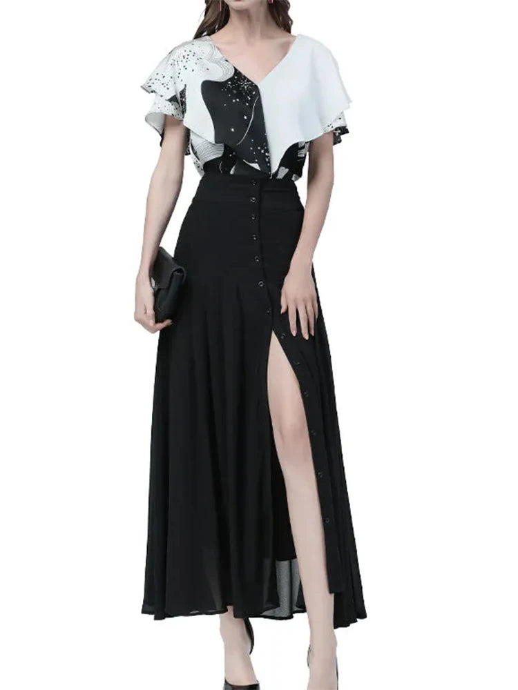 Elegant long high-waisted skirt with buttons on the front, side slit