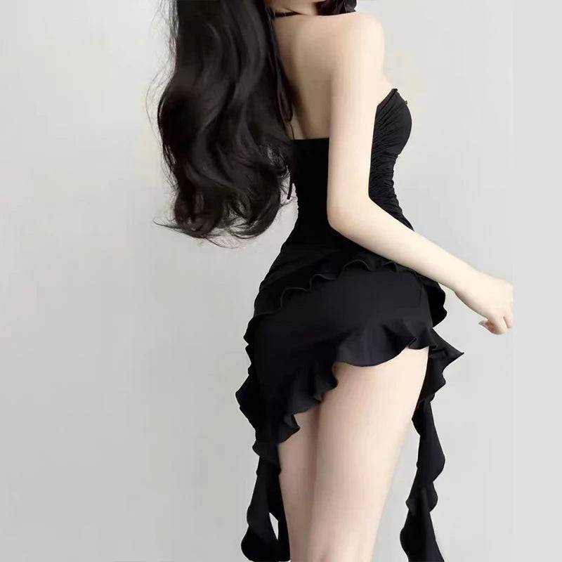 Dress with flounced hem, fitted bustier, asymmetrical, chic evening