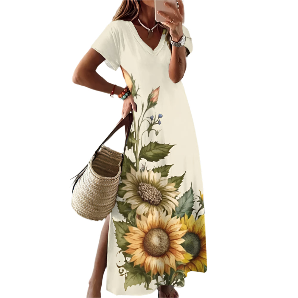 Floral midi dress with V-neck, short sleeves, loose fit for women