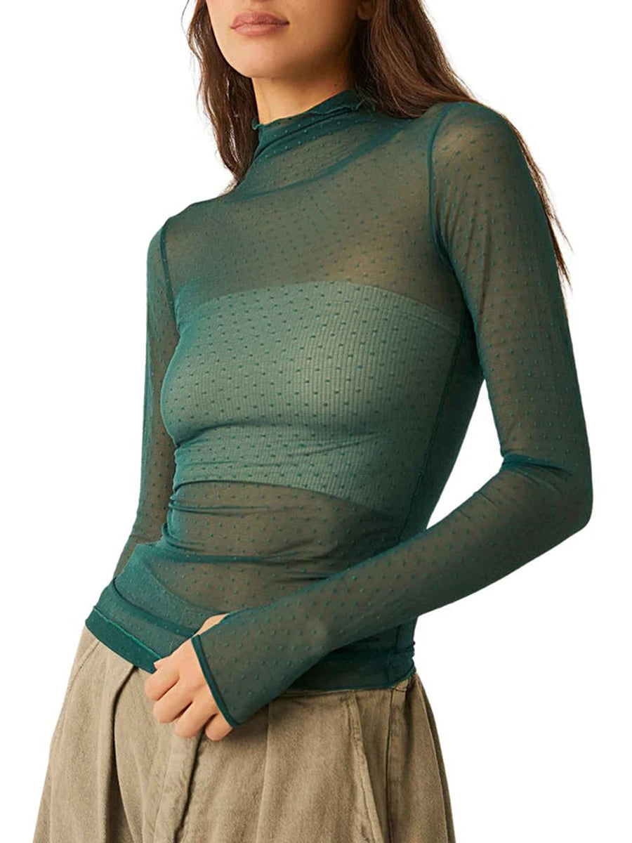 Transparent mesh top with high collar for women – long short sleeves