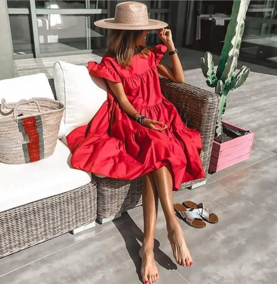 Oversized bohemian chic fluid flounced hem dress for women