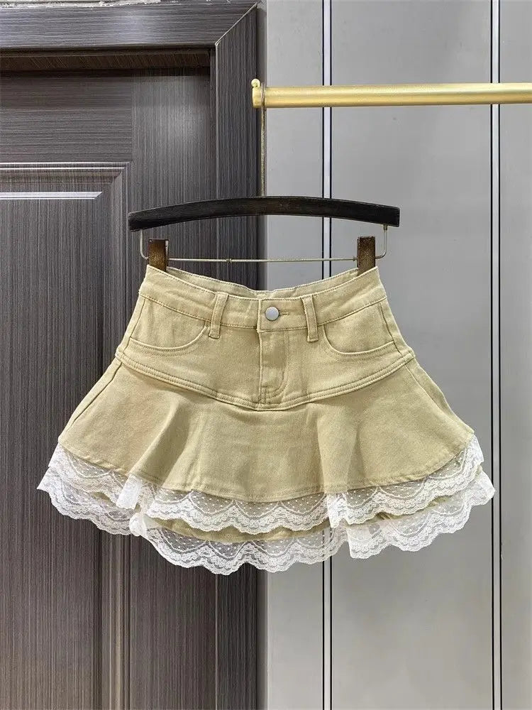 Mini-plisseret retro jeansnederdel til kvinder - Puffet nederdel med blonder