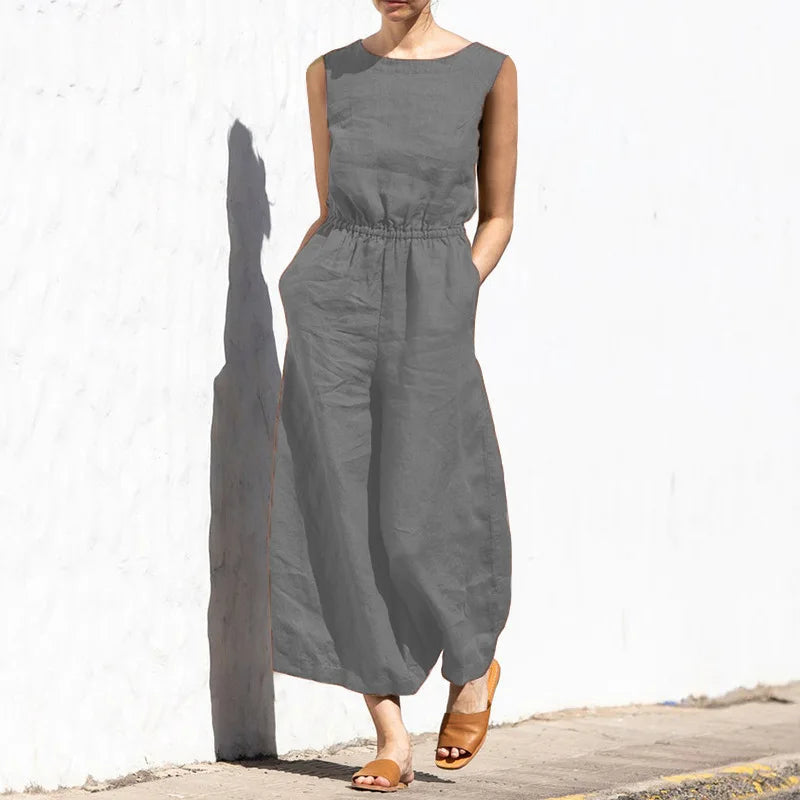 Combinaison en lin ample sans manches poches taille haute fluide