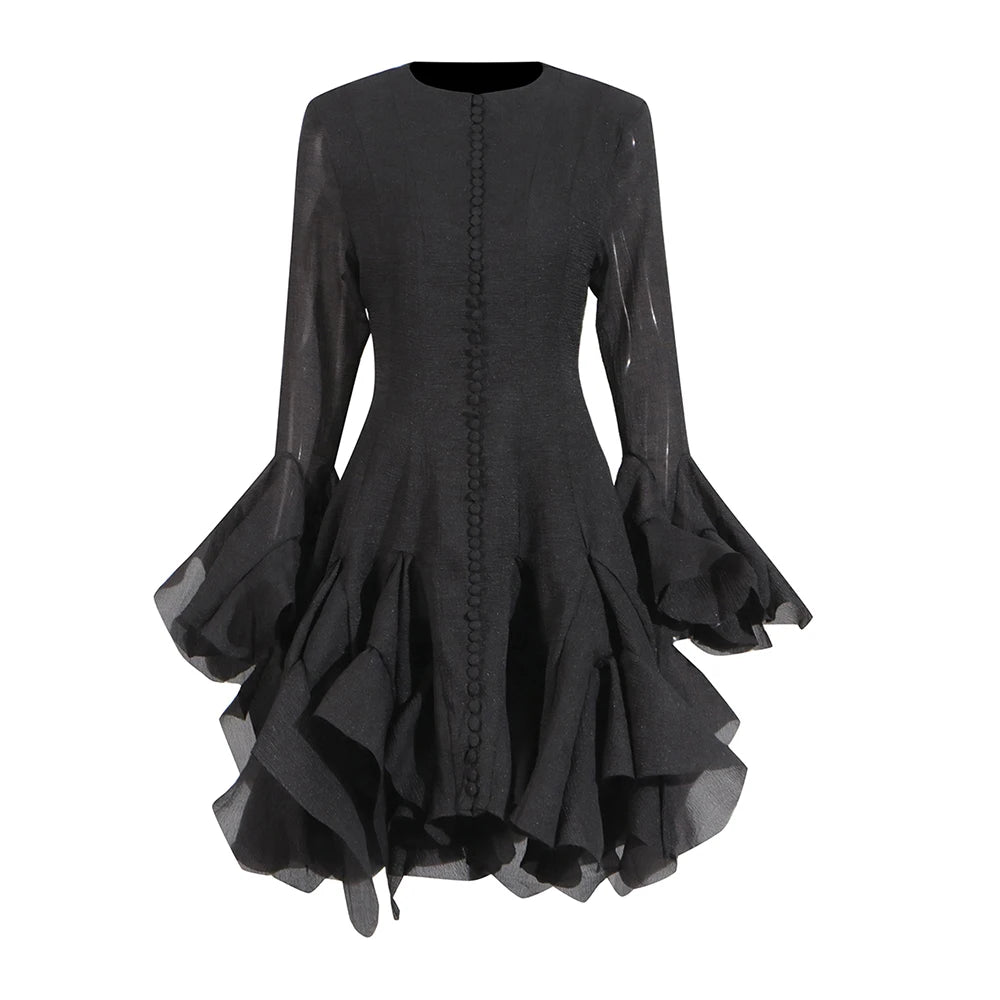 Chic flounced hem dress with long sleeves and round collar for women