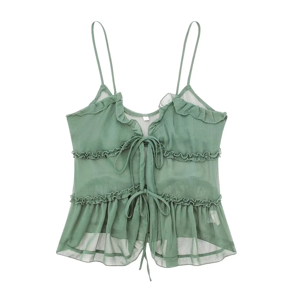 Flirty tops with ruffles on the front, semi-transparent, for women