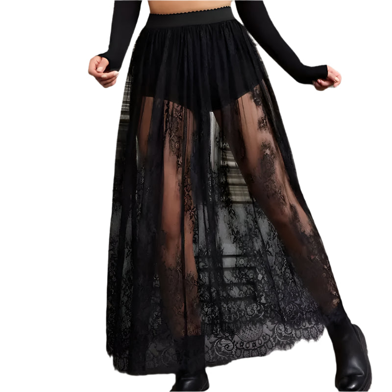 Long gothic high-waisted skirt in transparent lace for evening wear