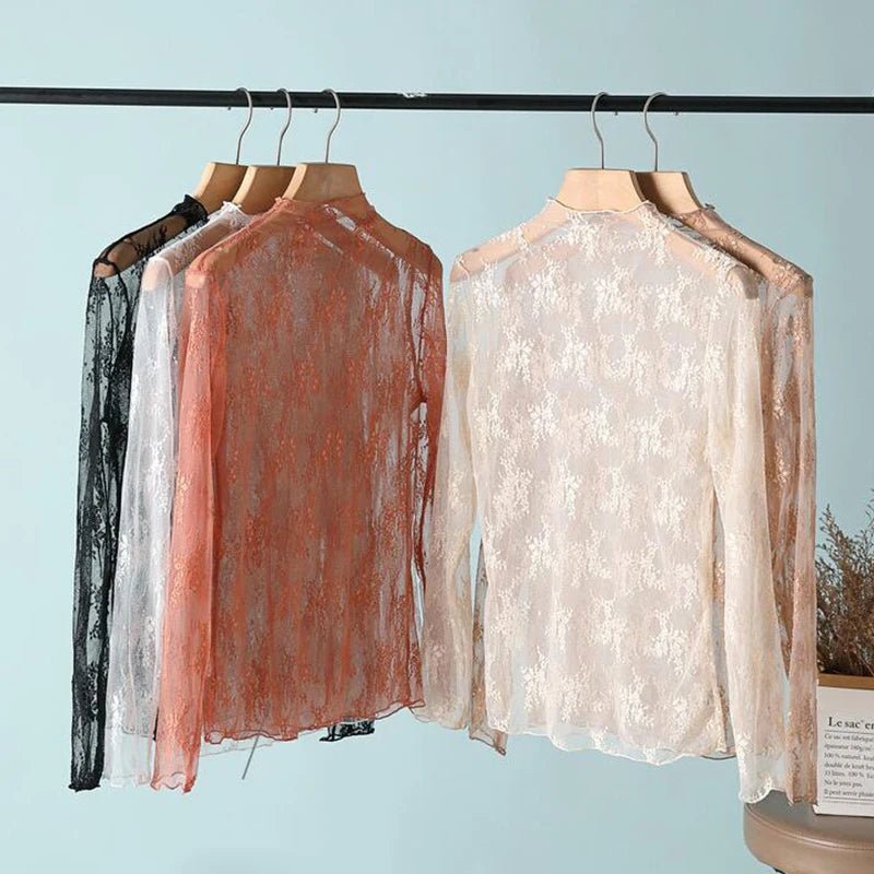 Transparent mesh top with long floral lace sleeves for women