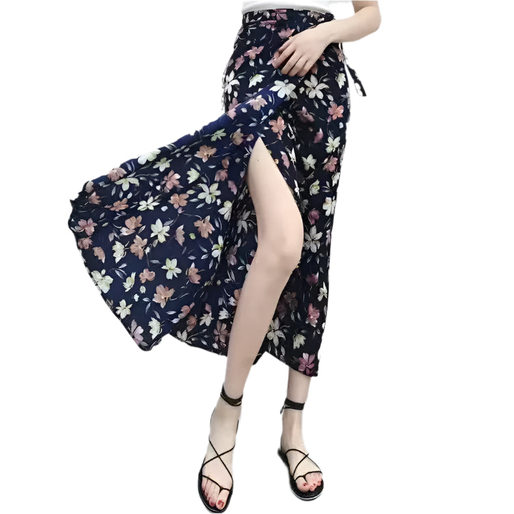 High-waisted long wrap skirt with floral details and slit for women
