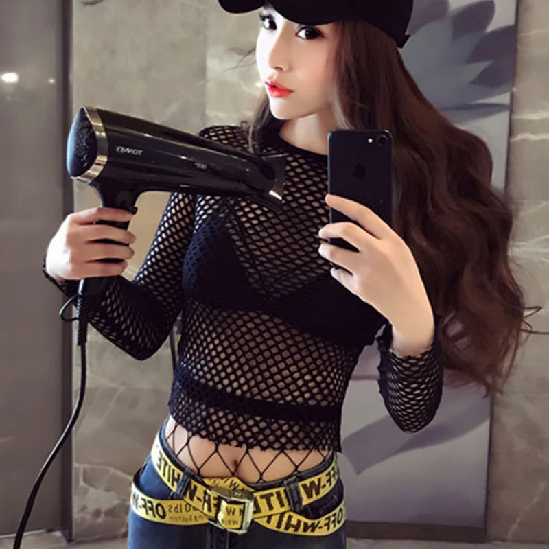 Short transparent mesh long-sleeve top for women