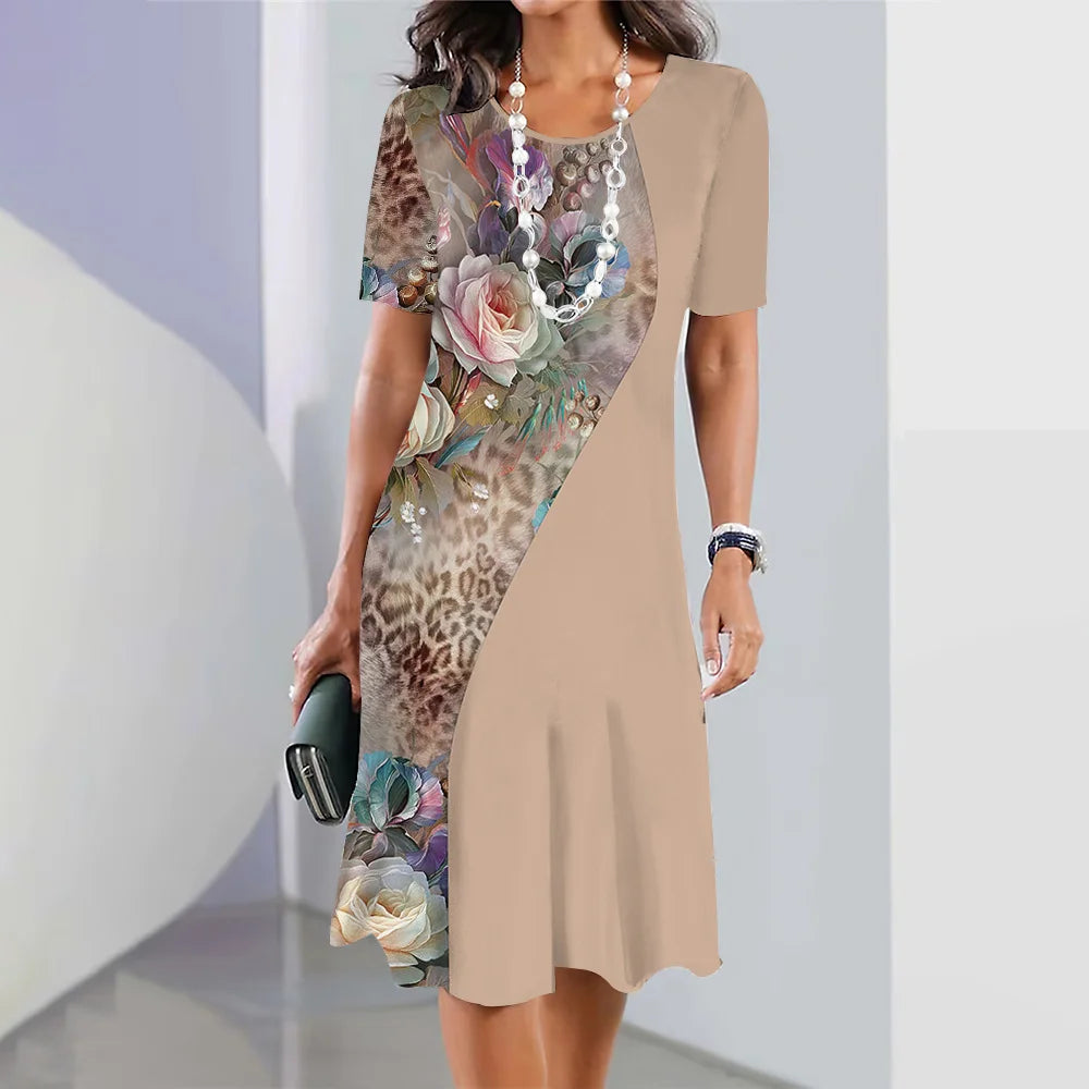 Floral midi dress with short sleeves, loose and elegant for women