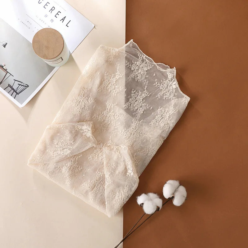Transparent mesh top with long floral lace sleeves for women