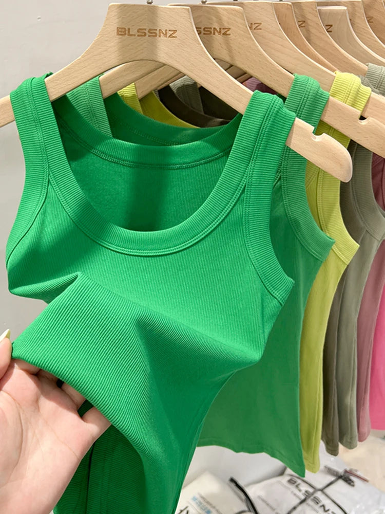 Elastic ribbed knit sleeveless round neck tank tops for women