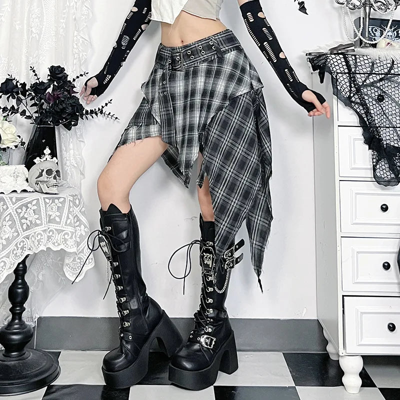 Asymmetric plaid wrap skirt punk streetwear style for women