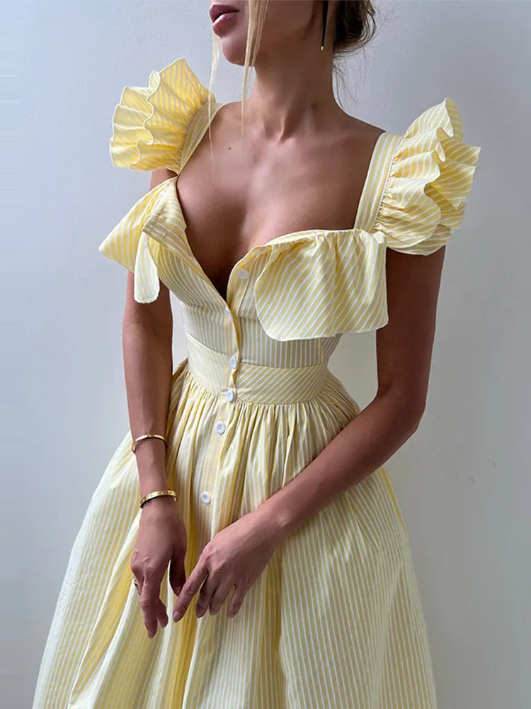 Elegant dress with flounced hem, square neckline, and flounced sleeves for women